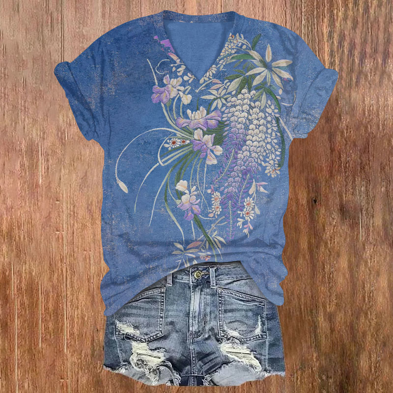 Floral Print V-neck T-shirt - Blue - US32-34(5XL) - image 1