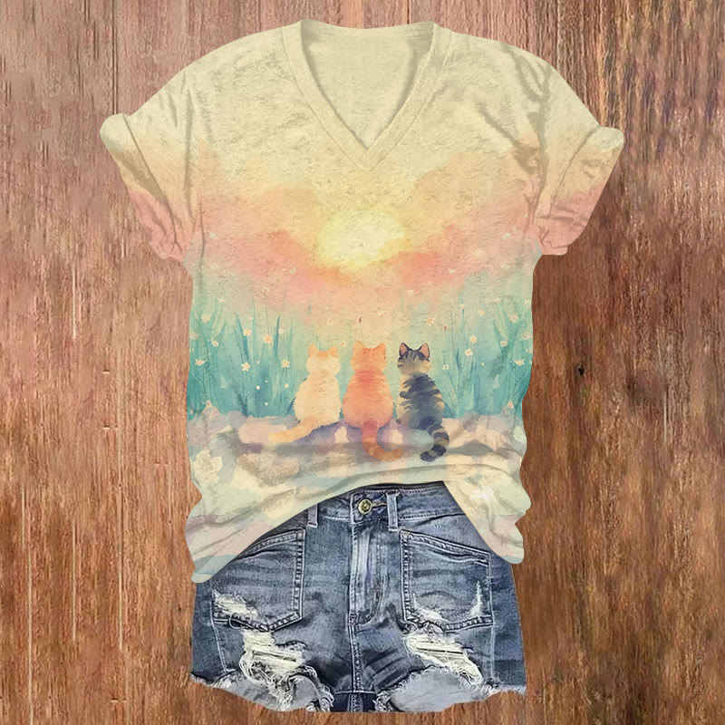 Cats In Sunset Print V-neck T-shirt - Apricot - US32-34(5XL) - image 1