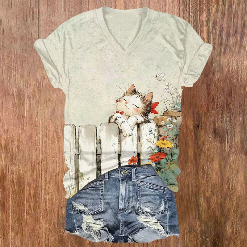 Cute Cats & Floral  Print V-neck T-shirt - Apricot - US32-34(5XL) - image 1