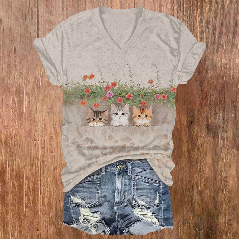 Cute Cats & Floral  Print V-neck T-shirt - Apricot - US32-34(5XL) - image 1