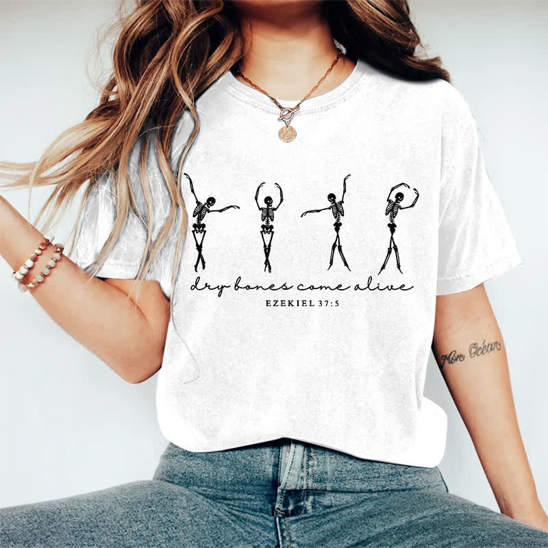 100% Cotton Women's Dancing Skeleton Man Halloween Art Print Casual T-shirt - White - 2XL - image 1