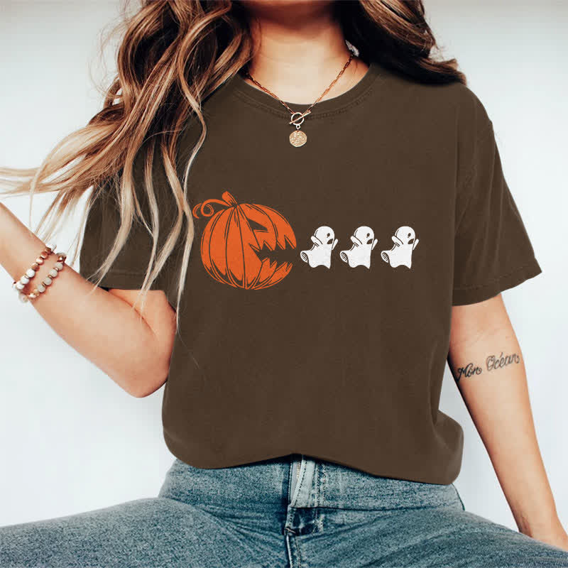 100% Cotton Women's Halloween Creative Pumpkin Eating Ghost Art Print Casual T-shirt - Coffee - 2XL - image 1