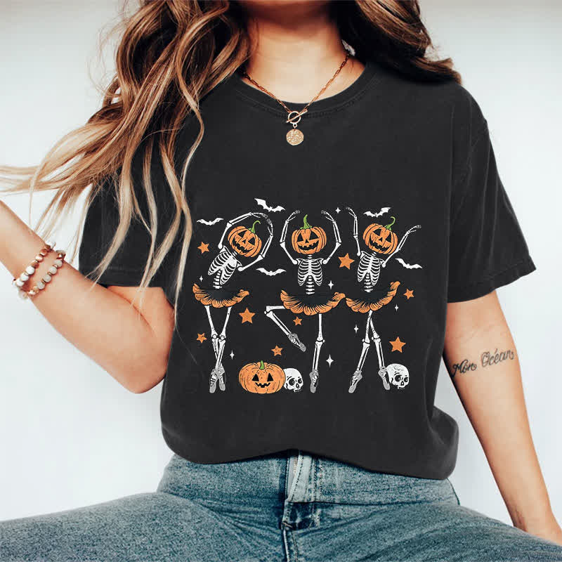 100% Cotton Women's Halloween Creative Dancing Pumpkin Skeleton Art Print Casual T-shirt - Black - 2XL - image 1