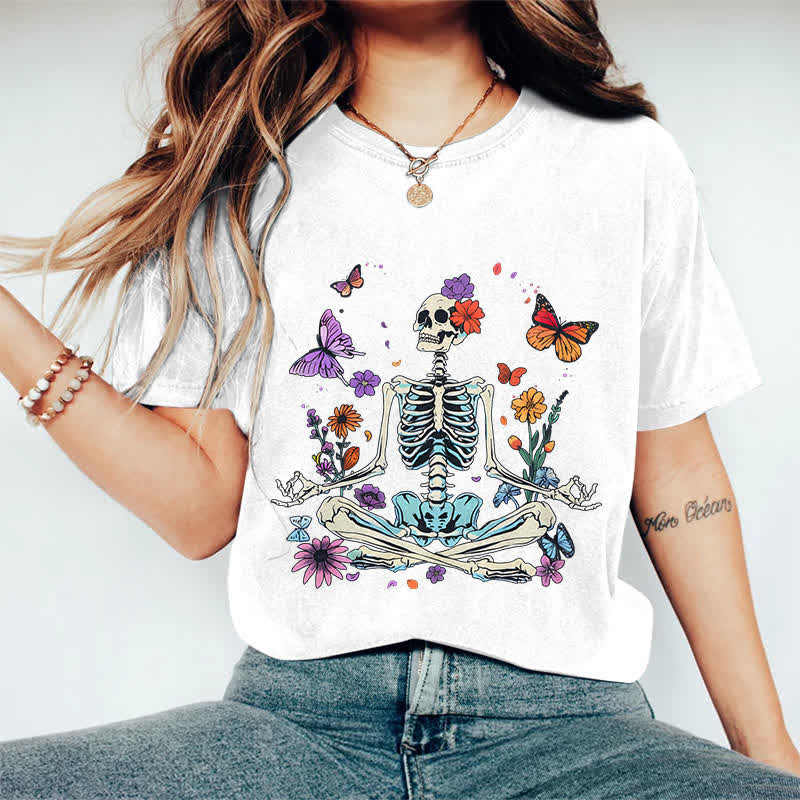 100% Cotton Women's Halloween Skeleton Man Surrounded By Flower & Butterfly Art Print Casual T-shirt - White - 2XL - image 1