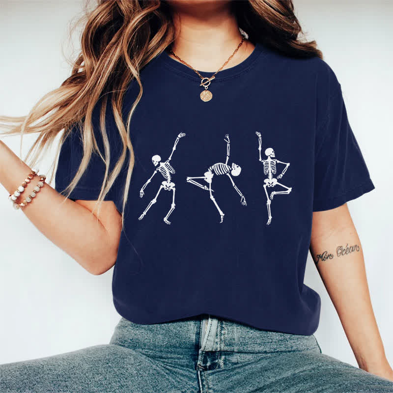 100% Cotton Women's Halloween Funny Dancing Skeleton Man Art Print Casual T-shirt - Navy Blue - 2XL - image 1