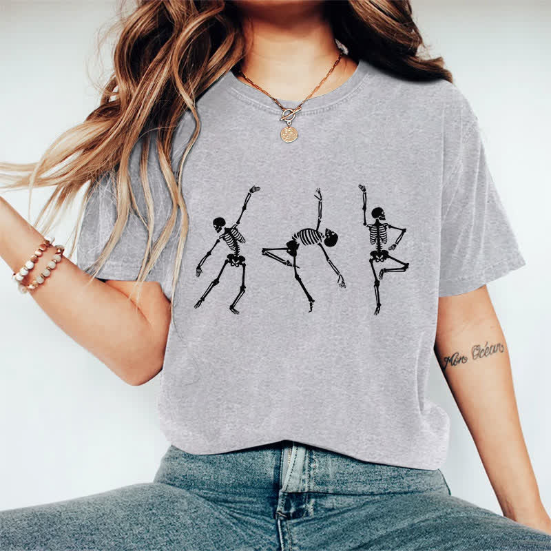 100% Cotton Women's Halloween Funny Dancing Skeleton Man Art Print Casual T-shirt - Grey - 2XL - image 4