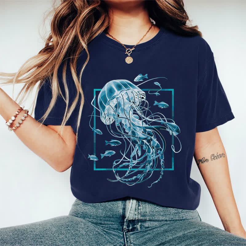 100% Cotton Women's Fantasy Jellyfish Surrounded By Fish Art Print Casual T-shirt - Navy Blue - 2XL - image 1