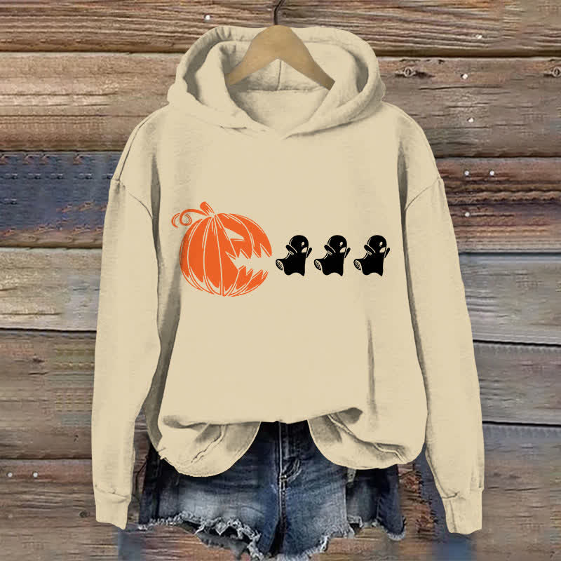 100% Cotton Women's Halloween Creative Pumpkin Eating Ghost Art Print Hoodie - Apricot - US16-18(2XL) - image 1