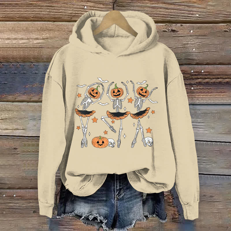 100% Cotton Women's Halloween Creative Dancing Pumpkin Skeleton Art Print Hoodie - Apricot - US16-18(2XL) - image 1