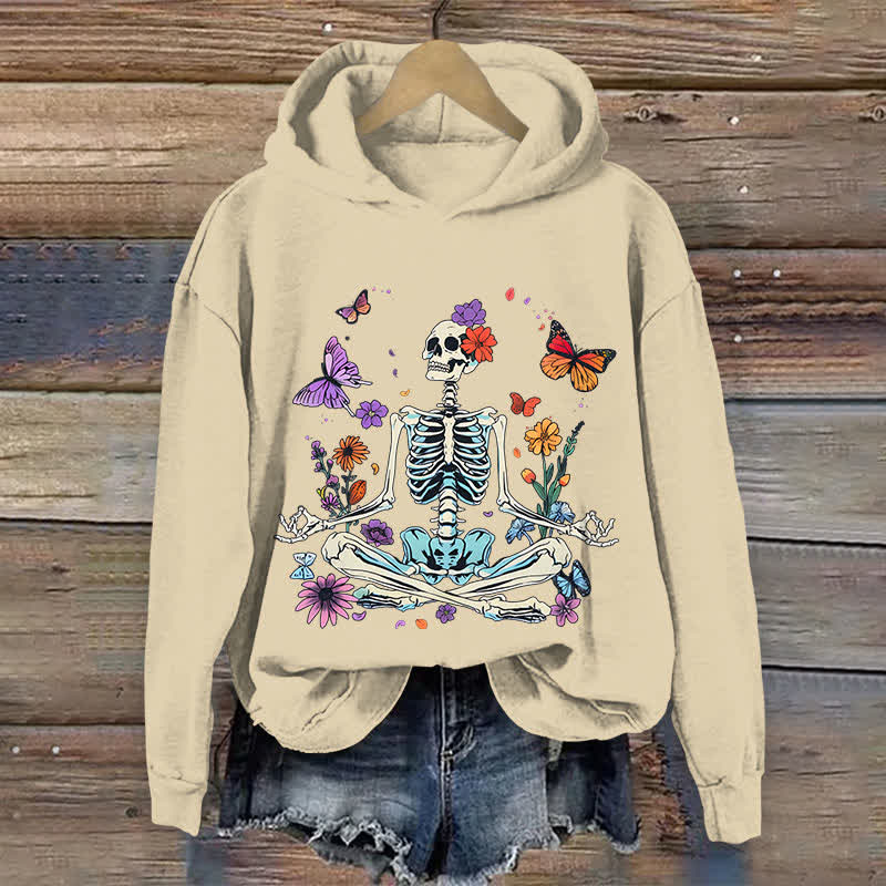 100% Cotton Women's Halloween Skeleton Man Surrounded By Flower & Butterfly Art Print Hoodie - Apricot - US16-18(2XL) - image 1