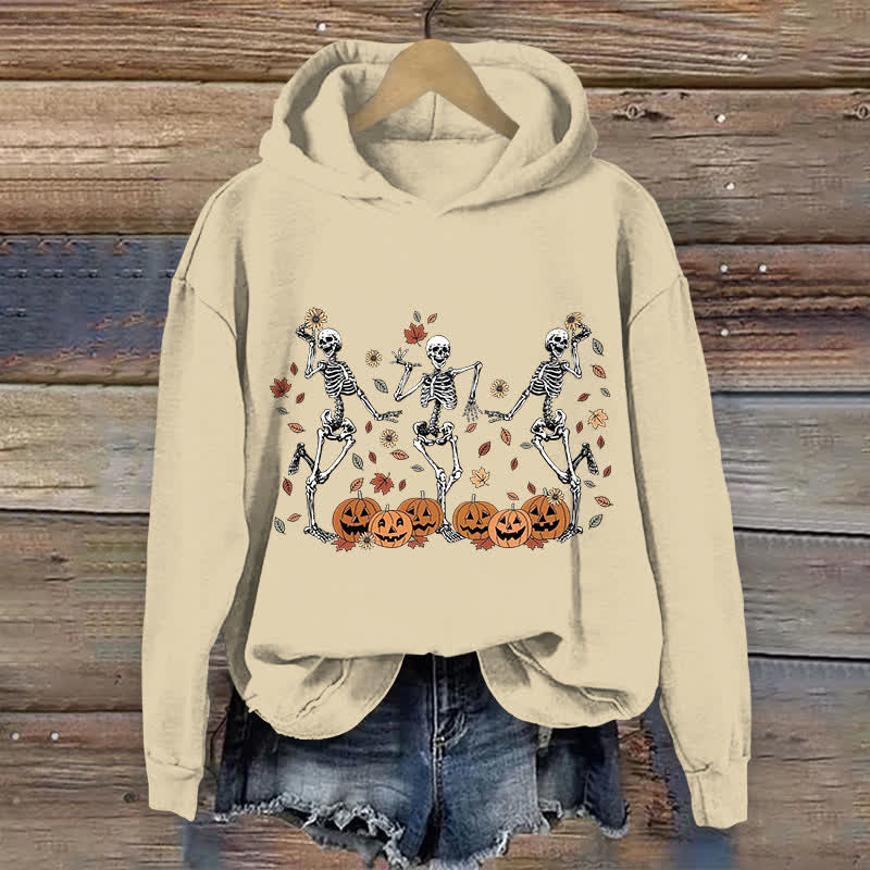 100% Cotton Women's Halloween Happy Skeleton Man Dancing Around Flowers Art Print Hoodie - Apricot - US16-18(2XL) - image 1