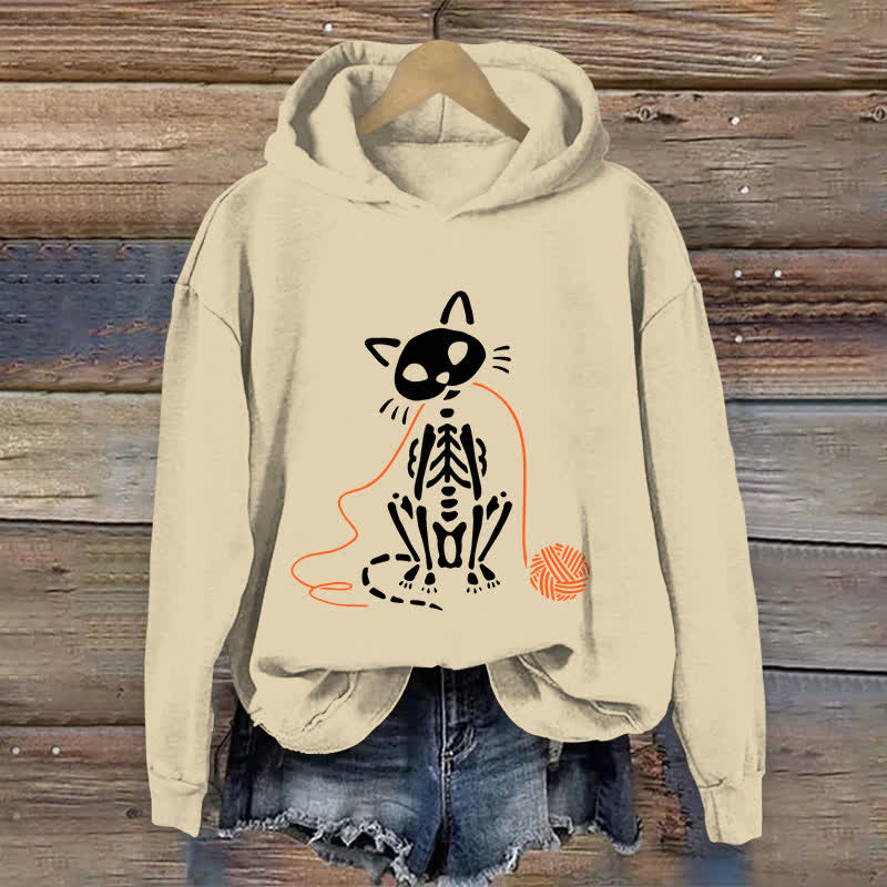 100% Cotton Women's Creative Skeleton Cat Playing Ball Of Yarn Art Print Hoodie - Apricot - US16-18(2XL) - image 1