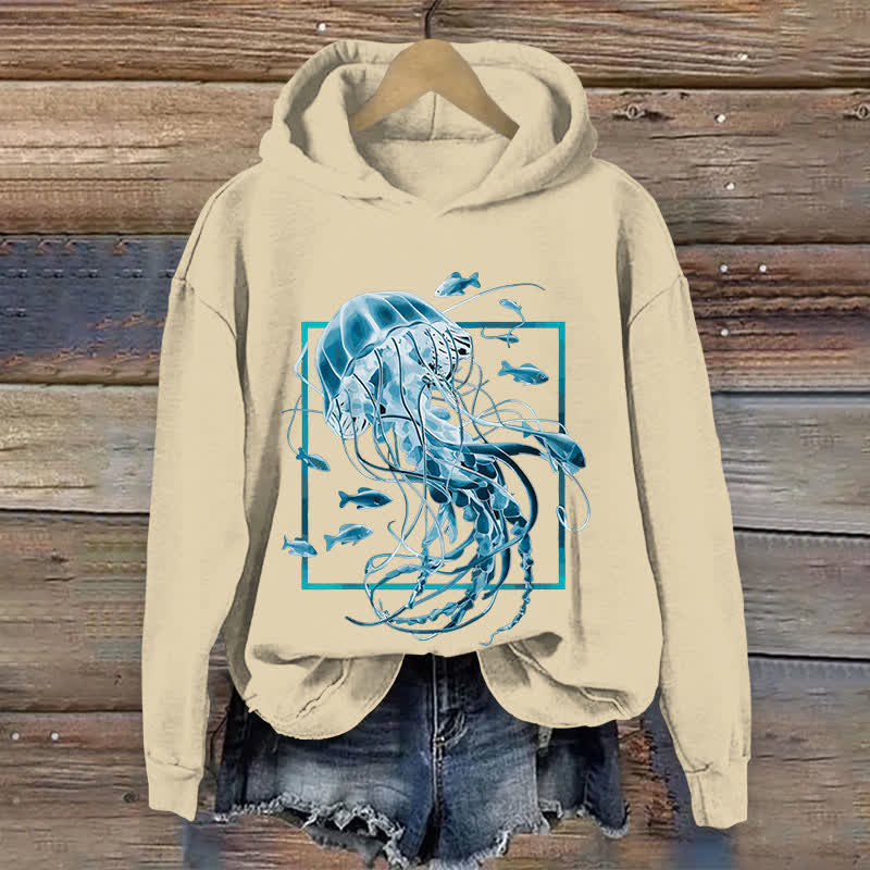 100% Cotton Women's Fantasy Jellyfish Surrounded By Fish Art Print Hoodie - Apricot - US16-18(2XL) - image 1