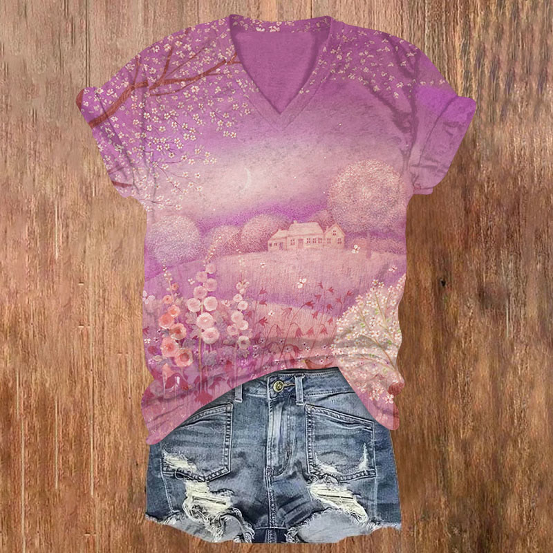 Watercolor Flower Print V-neck T-shirt - Rose - US32-34(5XL) - image 1