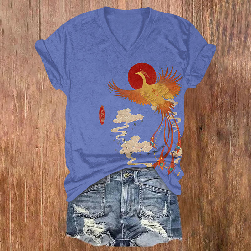 Phoenix Print V-neck T-shirt - Blue - Green - image 1