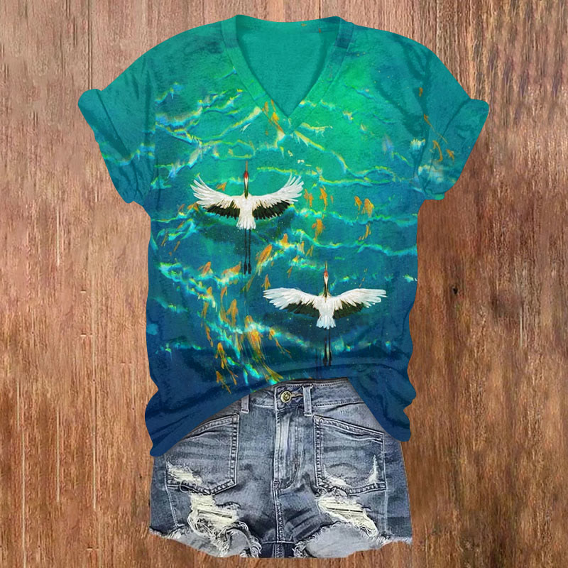 Phoenix Print V-neck T-shirt - Dark Green - US32-34(5XL) - image 1