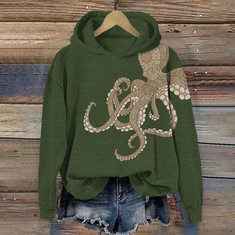 Octopus Print Long Sleeve Hoodie - Dark Green - US44-46(8XL) - image 1