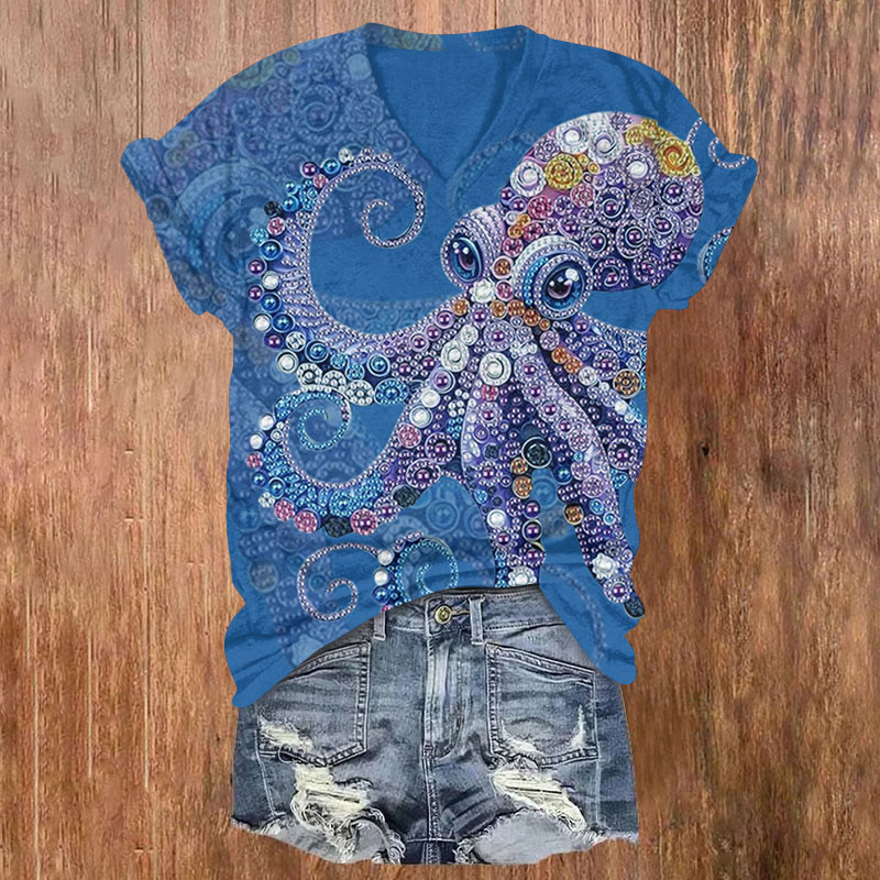 Octpus Print V-neck T-shirt - Blue - US32-34(5XL) - image 3