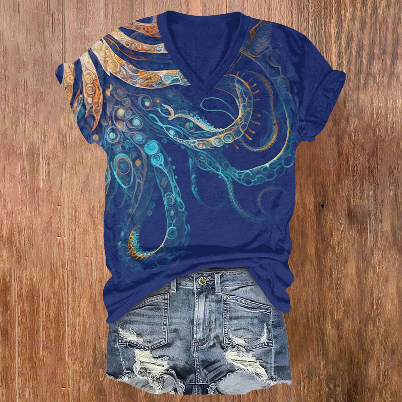 Octpus Print v-neck T-Shirt - Blue - US32-34(5XL) - image 1