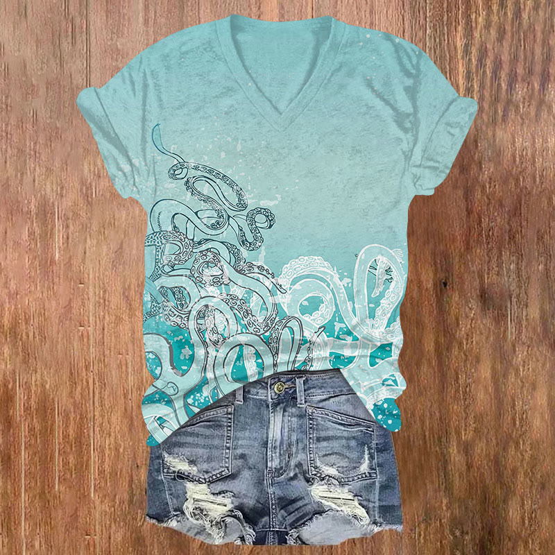 Octpus Print V-neck T-shirt - Light Green - US32-34(5XL) - image 1