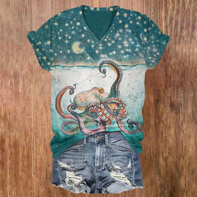 Octpus Print V-neck T-shirt - Green - US32-34(5XL) - image 1