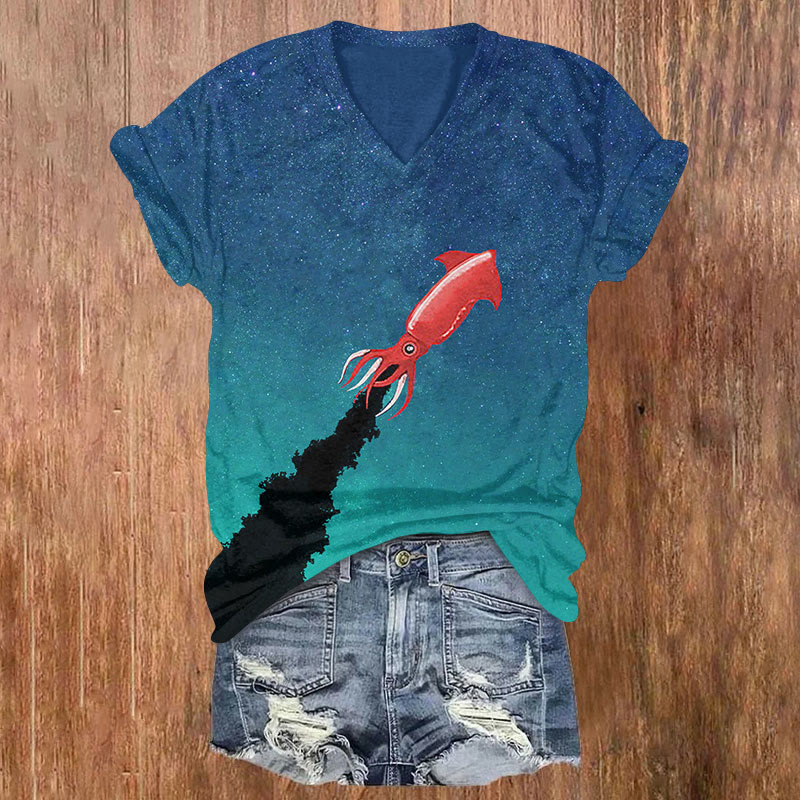 Squid Print V-neck T-shirt - Blue - US32-34(5XL) - image 1