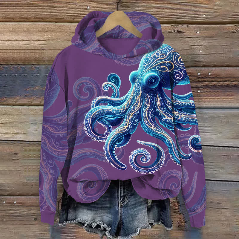 Vintage Wise Ocean Octopus Print Long Sleeve Hoodie - Purple - 8XL - image 1