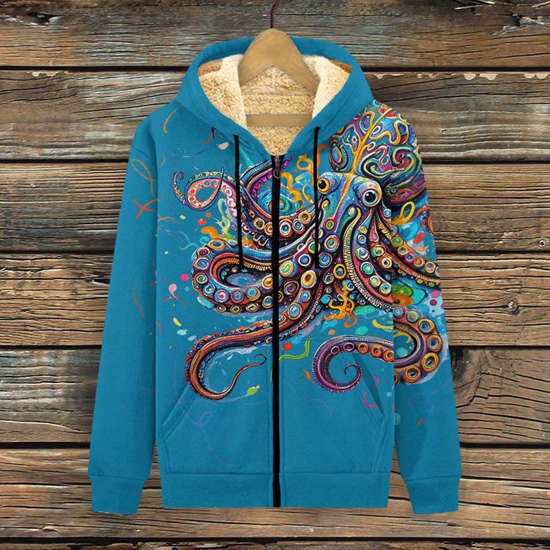 Vintage Rainbow Octopus Art Print Print Fleece Jacket - Lake Blue - 4XL - image 4