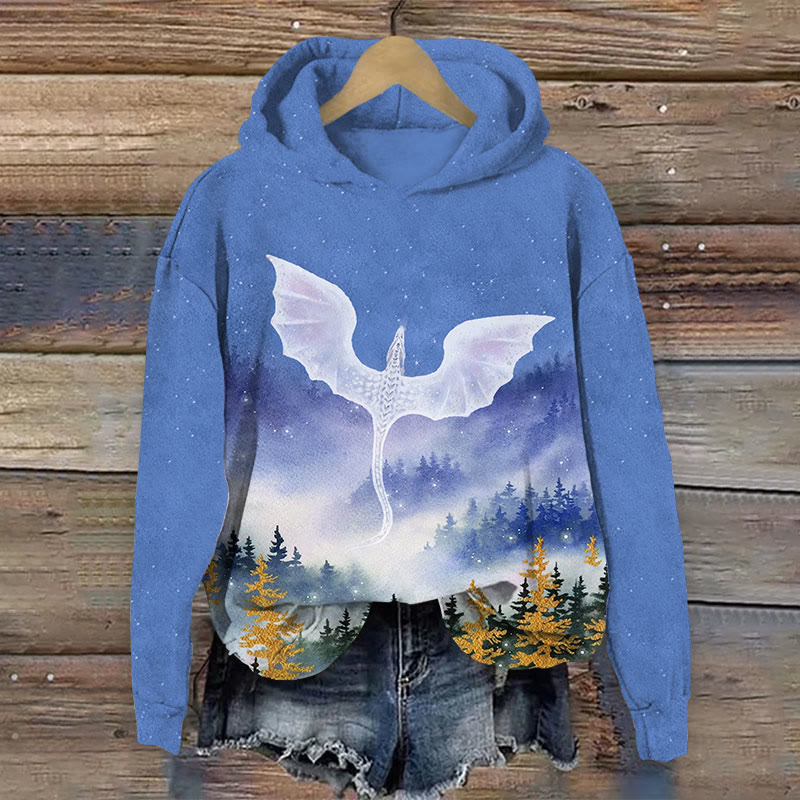 Watercolor Western Flying Dragon Print Long Sleeve Hoodie - Blue - US44-46(8XL) - image 1