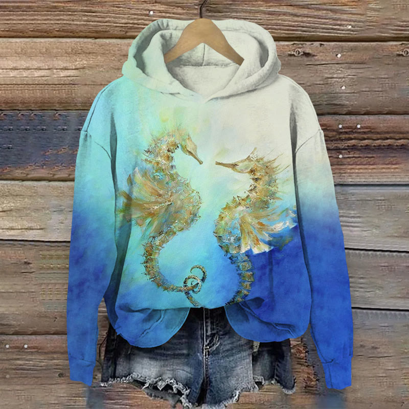 Colorblock Seahorse Print Long Sleeve Hoodie - Multicolor - US44-46(8XL) - image 1