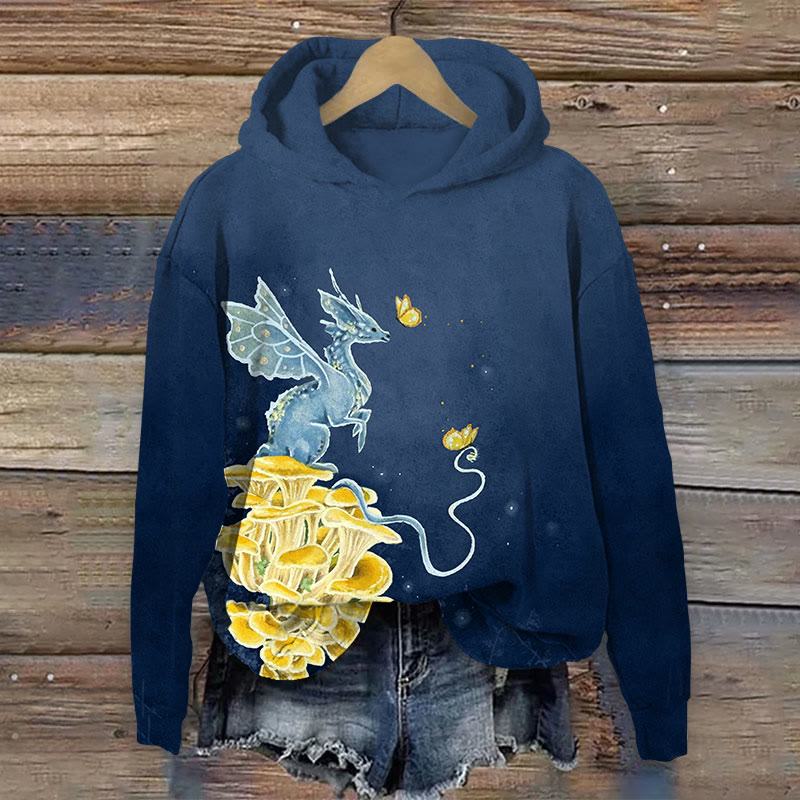 Western Dragon & Mushroom Print Long Sleeve Hoodie - Navy Blue - US44-46(8XL) - image 1