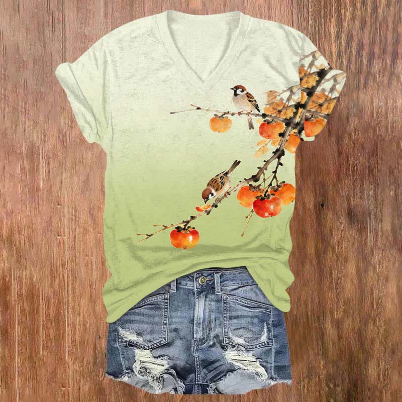 Japanese Cute Bird Eating Persimmon On The Branch Print V-neck T-shirt - Green - US32-34(5XL) - image 1