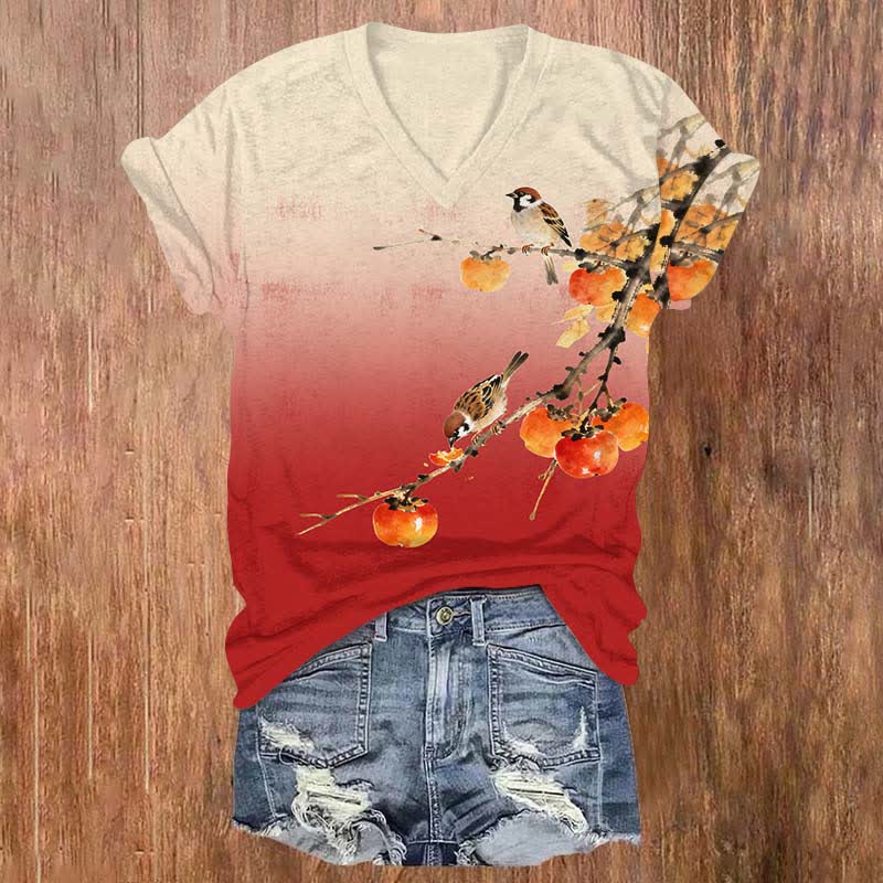 Japanese Cute Bird Eating Persimmon On The Branch Print V-neck T-shirt - Red - US32-34(5XL) - image 5