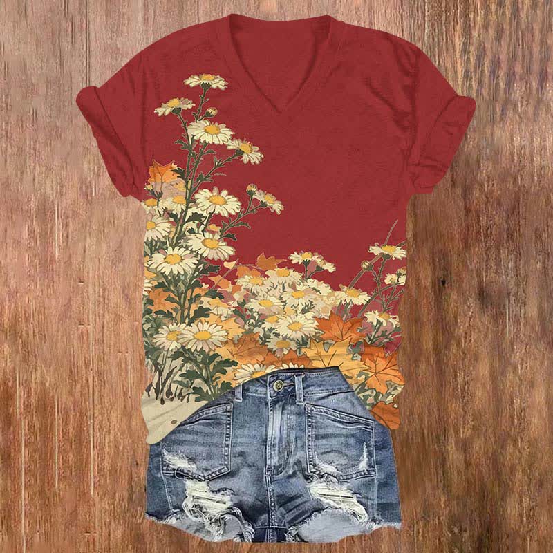 Japanese Oil Painting Sunflower Art Print V-neck T-shirt - Red - US32-34(5XL) - image 1