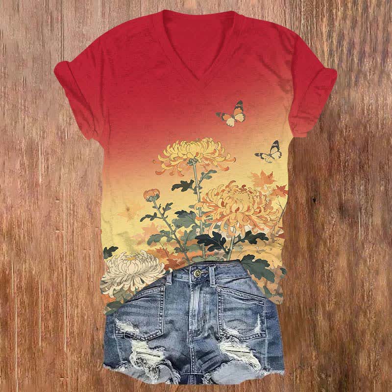 Japanese Lovely Chrysanthemum & Butterfly Art Print V-neck T-shirt - Red - US32-34(5XL) - image 2
