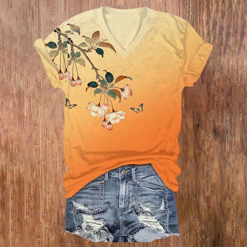 Japanese Vintage Ombre Peach Blossom Art Print V-neck T-shirt - Orange - US32-34(5XL) - image 1