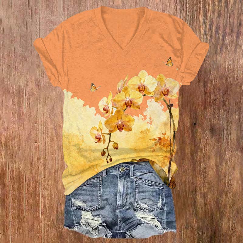 Vintage Yellow Phalaenopsis Art Print V-neck T-shirt - Orange - US32-34(5XL) - image 1
