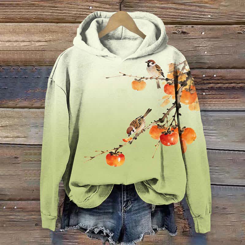 Japanese Cute Bird Eating Persimmon On The Branch Print Long Sleeve Hoodie - Green - US44-46(8XL) - image 1
