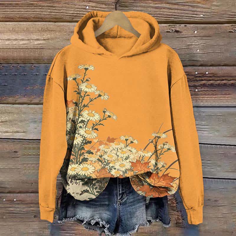 Japanese Oil Painting Sunflower Art Print Long Sleeve Hoodie - Orange - US44-46(8XL) - image 1