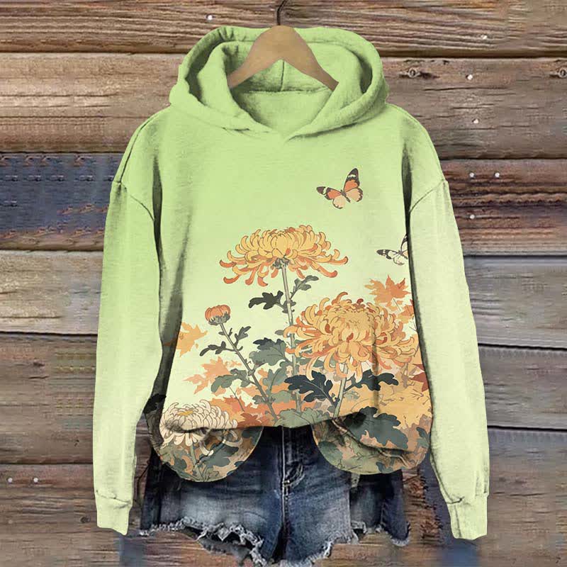 Japanese Lovely Chrysanthemum & Butterfly Art Print Long Sleeve Hoodie - Green - US44-46(8XL) - image 4