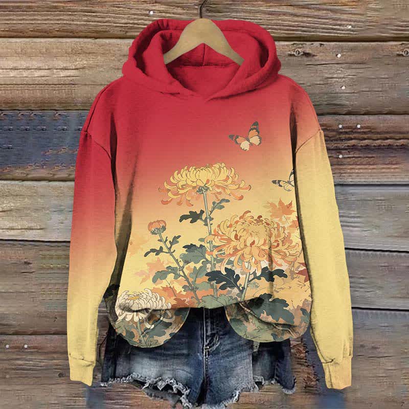 Japanese Lovely Chrysanthemum & Butterfly Art Print Long Sleeve Hoodie - Red - US44-46(8XL) - image 1