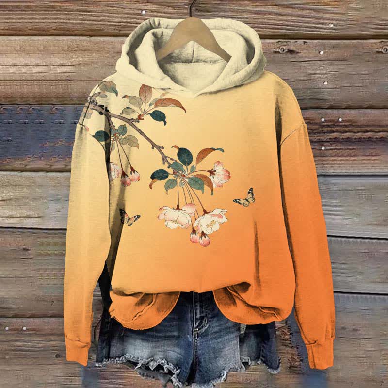 Japanese Vintage Ombre Peach Blossom Art Print Long Sleeve Hoodie - Orange - US44-46(8XL) - image 1