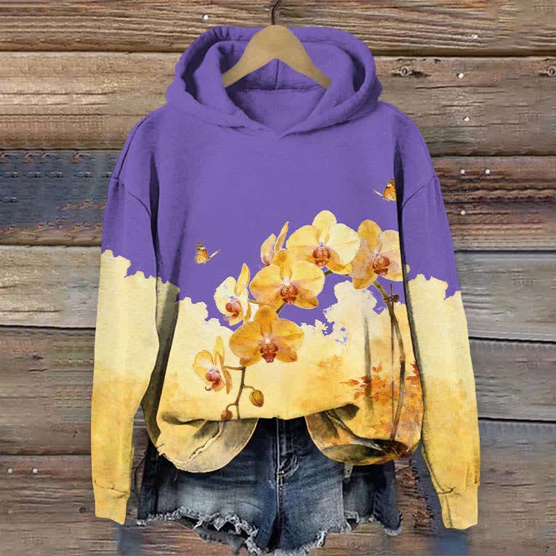 Vintage Yellow Phalaenopsis Art Print Long Sleeve Hoodie - Purple - US44-46(8XL) - image 1