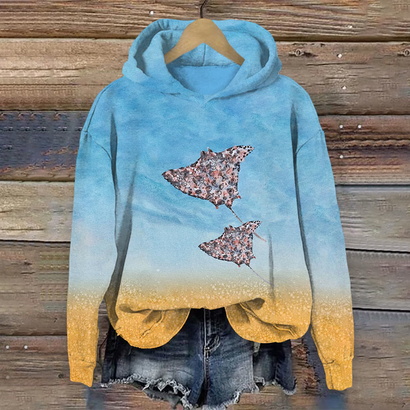 Vintage Manta Ray Art Print Long Sleeve Hoodie - Light Blue - US44-46(8XL) - image 1