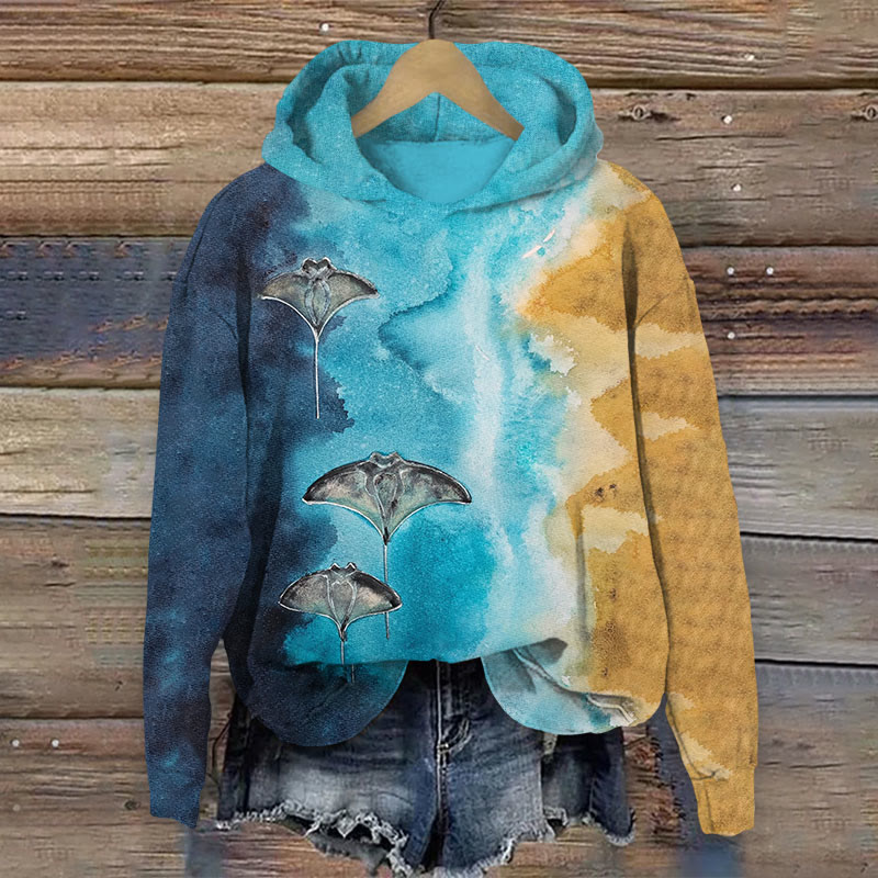 Vintage Manta Ray Art Print Long Sleeve Hoodie - Multicolor - US44-46(8XL) - image 1