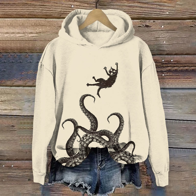 Fun Cat Thrown By Octopus Print Long Sleeve Hoodie - Apricot - US44-46(8XL) - image 1