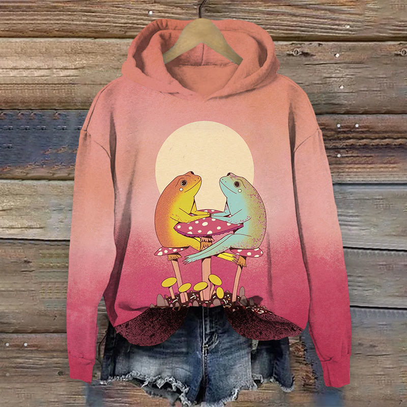 Japanese Art Funny Frogs Sit On Mushroom Print Long Sleeve Hoodie - Rose - US44-46(8XL) - image 1