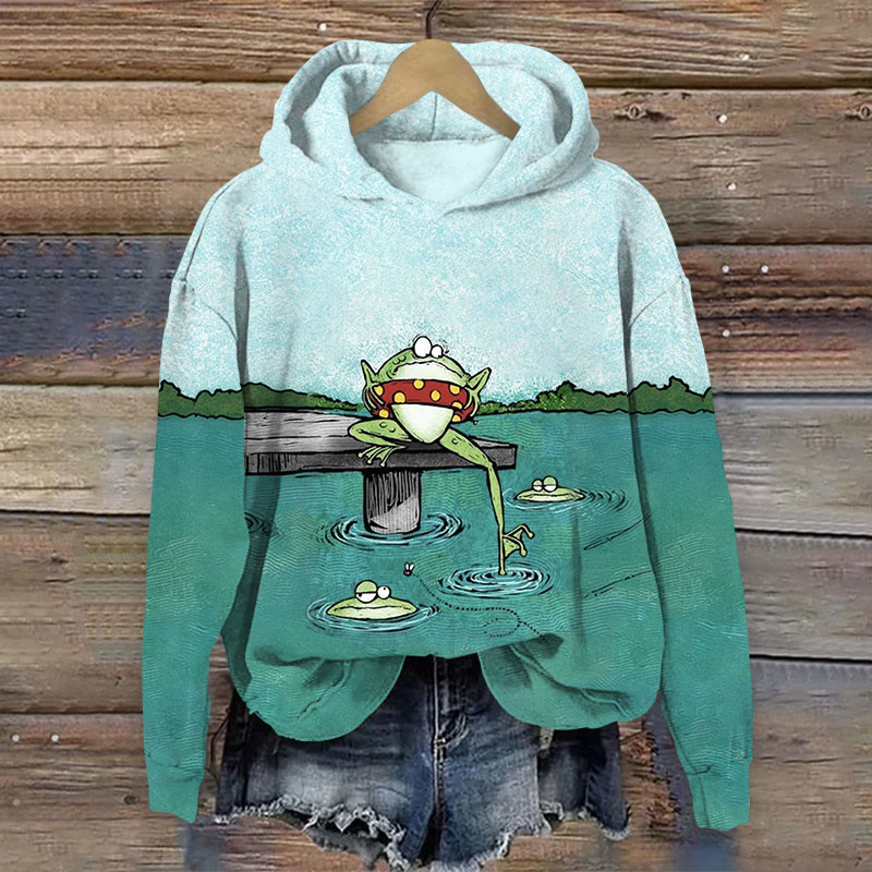 Japanese Art Funny Frog Trying To Swim Print Long Sleeve Hoodie - Green - US44-46(8XL) - image 1