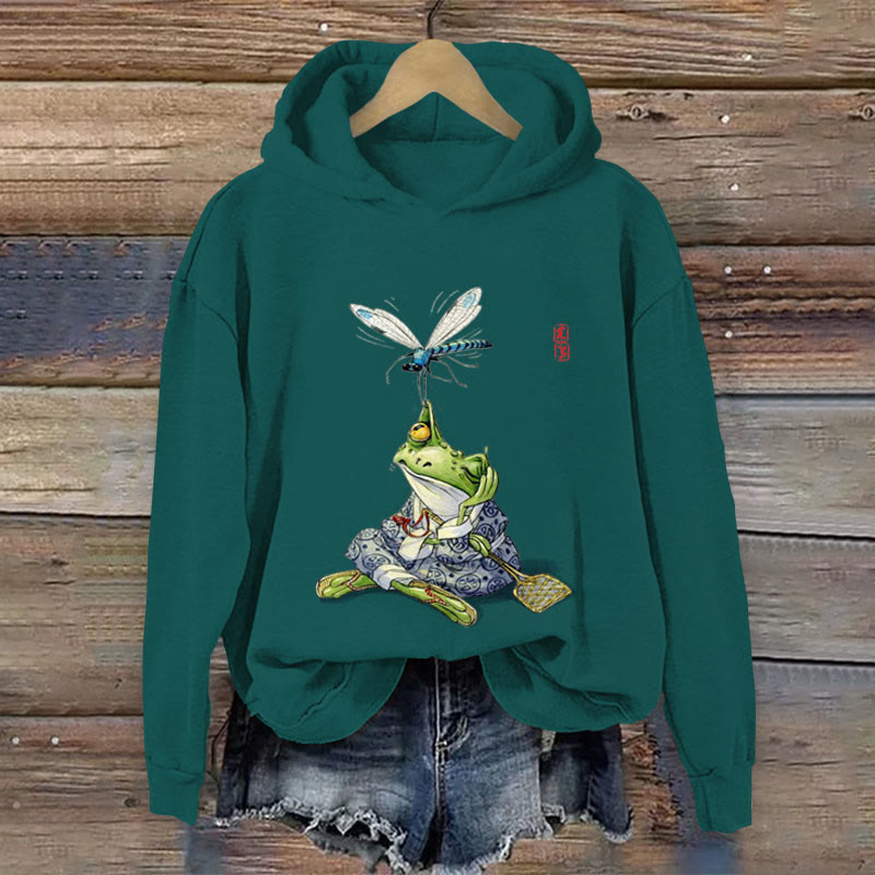 Japanese Art Frog And Dragonfly Print Long Sleeve Hoodie - Dark Green - US44-46(8XL) - image 3