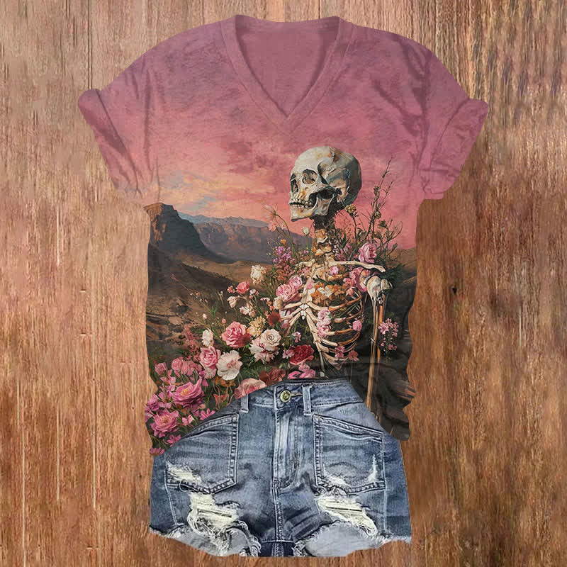  Halloween Watercolor Skeleton Man & Pink Rose Print V-neck T-shirt - Pink - US32-34(5XL) - image 1